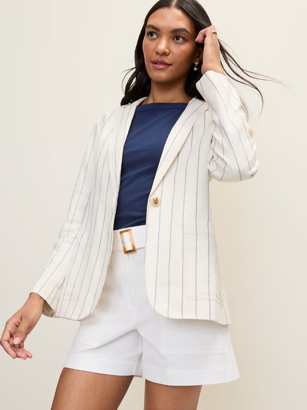 Ann Taylor Petite Ivory/Marine Striped Blazer In Linen Blend